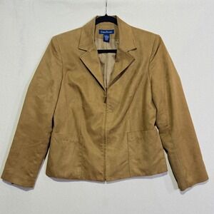 Evan Picone Women's Tan Faux Suede‎ Blazer Jacket Size 10 Zippered Pockets